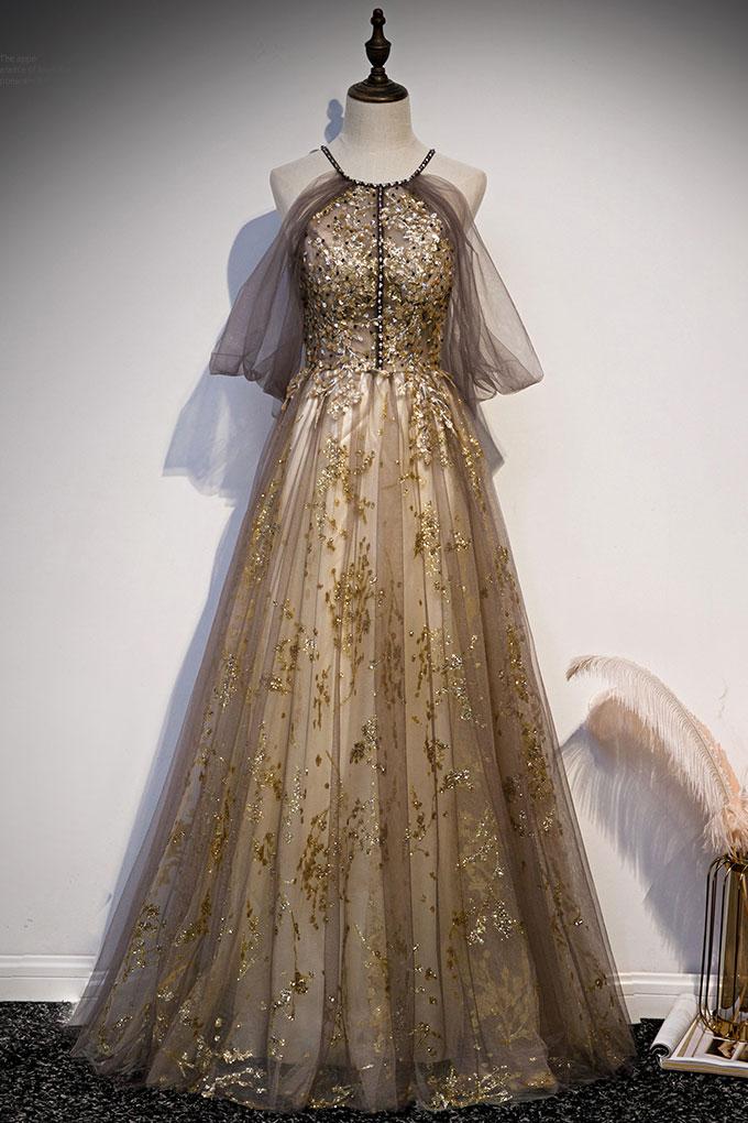 Lace Long Appliques Champagne Tulle Prom Dress