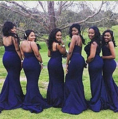 Navy Blue Satin Curved Sweetheart Mermaid Bridesmaid Dresses Spaghetti Straps