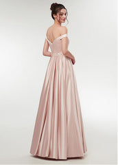 Burgundy Satin Off-the-shoulder Neckline A-line Prom Dress With Beadings
