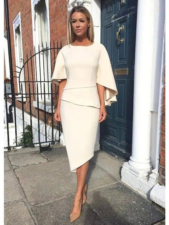Sheath / Column Mother of the Bride Dress Elegant Jewel Neck Knee Length Charmeuse Half Sleeve with Tier - RongMoon
