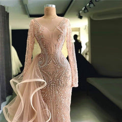 Luxurious Muslim Evening Dresses Mermaid Long Sleeves Tulle Beaded Long Islamic Dubai Saudi Arabic Long Formal Evening Gown - RongMoon