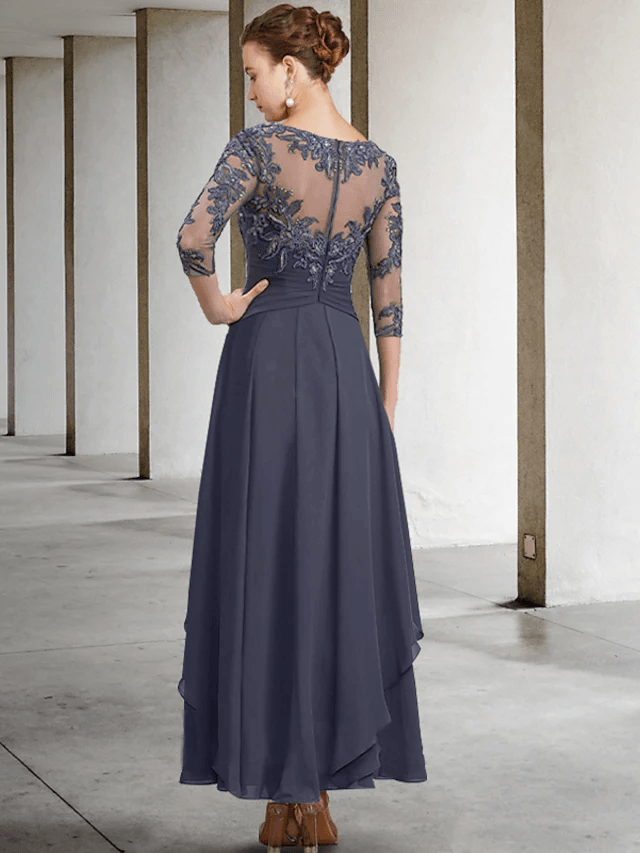 A-Line Mother of the Bride Dress Wedding Guest Plus Size Elegant Jewel Neck Ankle Length Chiffon Lace - RongMoon