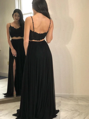 Lace A-Line Black Spaghetti Straps Two Piece Chiffon Prom Dress