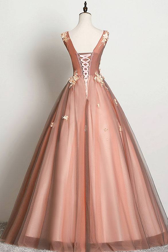 Pink v neck tulle lace long prom dress pink tulle formal dress - RongMoon