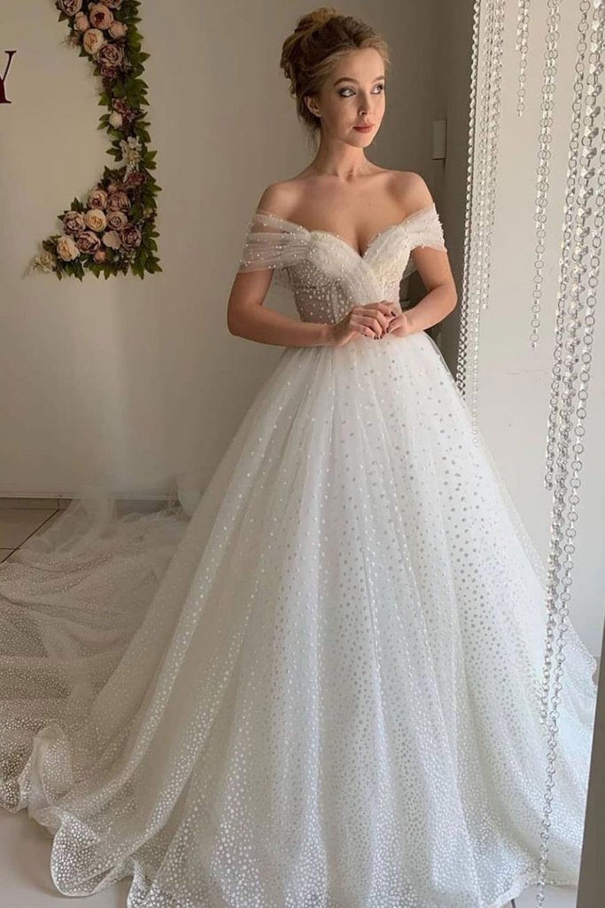 Beading Tulle White Off The Shoulder Beading Prom Dress