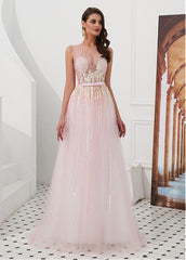 Tulle Jewel Pink A-line Prom Dresses With Beadings