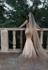 Gold Lace Appliques Two Piece Long Sleeve Mermaid Sexy Wedding Dress