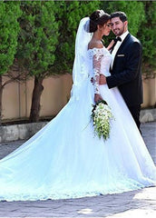 Off-the-shoulder Lace Long Sleeves Appliques A-line Wedding Dress