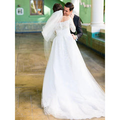 A-Line Tulle Lace Off-the-Shoulder Long Sleeves Sweep/Brush Train Wedding Dress