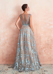 Lace Bateau Neckline A-line Evening Dresses With Beadings