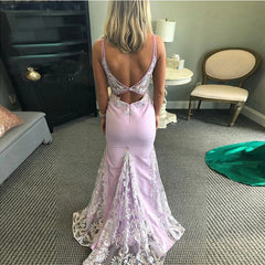 Lilac Light Purple Mermaid Satin V-neck Backless Appliques Prom Dress