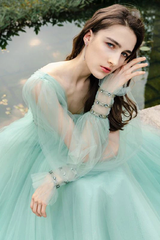 Long Sleeves V Neck Mint Tulle Beading Prom Dress