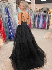 Black High Low Tulle Ruffles A Line Prom Dress