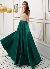 Satin V-neck Green Beading Floor-length A-line Prom Dress