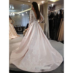 A-Line Satin Applique V-neck Long Sleeves Wedding Dress