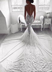 Lace Appliques See-through Tulle Sweetheart Mermaid Wedding Dress