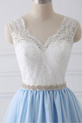 V Neck White And Blue Tulle Beading Prom Dress With Belt