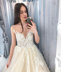 Champagne V Neck Illusion Sexy Wedding Dress