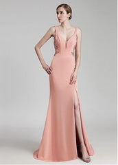 Crystal V-neck Neckline Mermaid Evening Dress With Beadings & Slit
