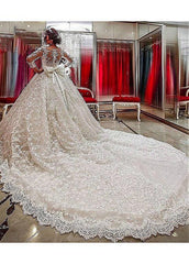 Lace Jewel Long Sleeves Ball Gown Wedding Dress With 3D Flowers