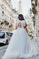 Scoop Two Piece Chiffon Short Sleeve Lace Top Wedding Dress