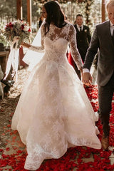 See Through A Line Long Sleeve Sheer Neck Wedding Dress
