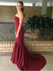 Strapless Mermaid Burgundy Satin Sweep Train Prom Dress