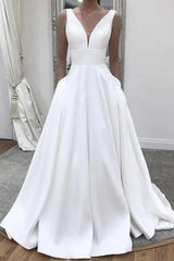 Satin A Line Elegant Plunging Neck Wedding Dress With Pocket
