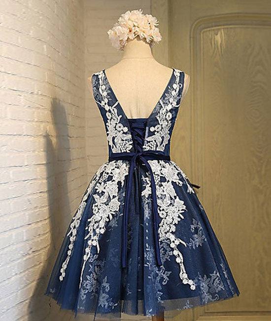 Cute round neck lace tulle dark blue short prom dress, bridesmaid dress - RongMoon