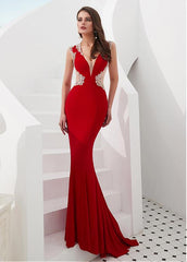 Satin & Tulle V-neck Red Beading Mermaid Evening Dress