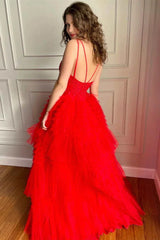 Tulle Ruffles Backless Red High Low V Neck Prom Dress