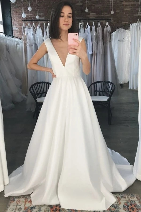 A Line Sweep Train Simple V Neck Satin Wedding Dress