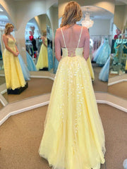 Lace Up Backless Appliques Yellow Lace Prom Dress