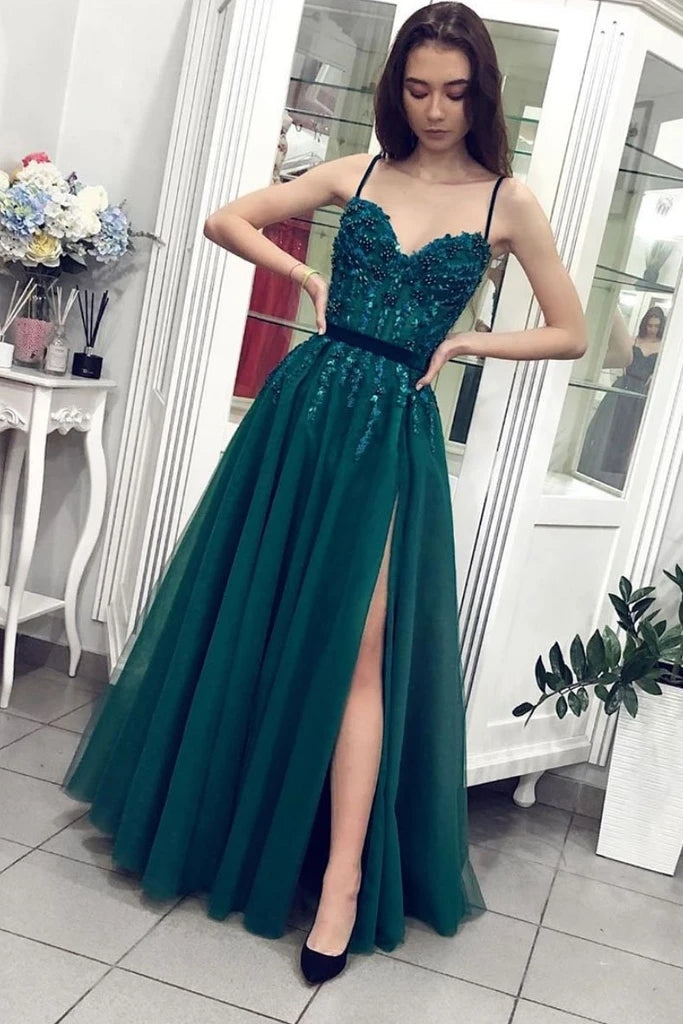 Spaghetti Straps Tulle Dark Green Appliques Belt Prom Dress