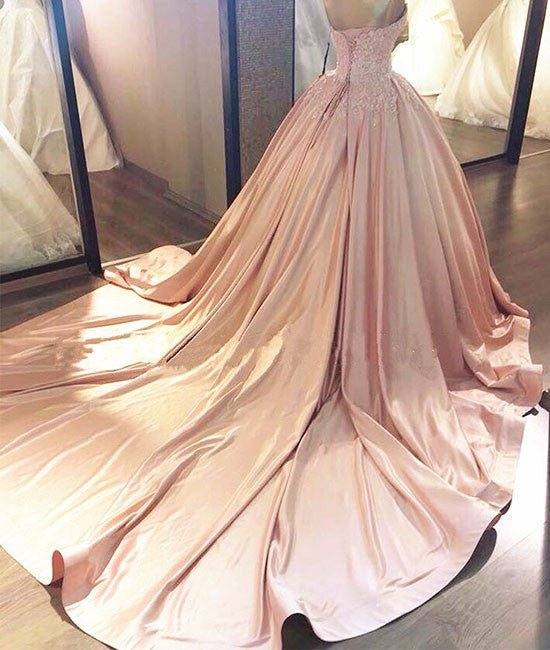 Unique pink sweetheart lace long prom gown, sweet 16 dress - RongMoon