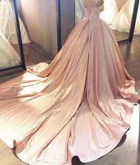 Unique pink sweetheart lace long prom gown, sweet 16 dress - RongMoon
