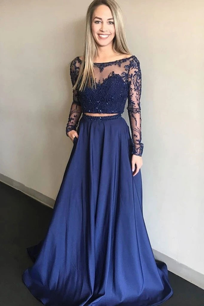 Royal Blue Two Piece Appliques Long Sleeves Tulle Beading Prom Dress