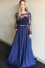 Royal Blue Two Piece Appliques Long Sleeves Tulle Beading Prom Dress
