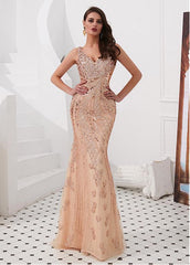 Tulle V-neck Sequin Gold Mermaid Evening Dress