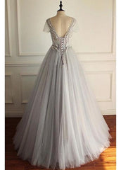 Beaded Lace Appliques Tulle V-neck Gray A-line Wedding Dress