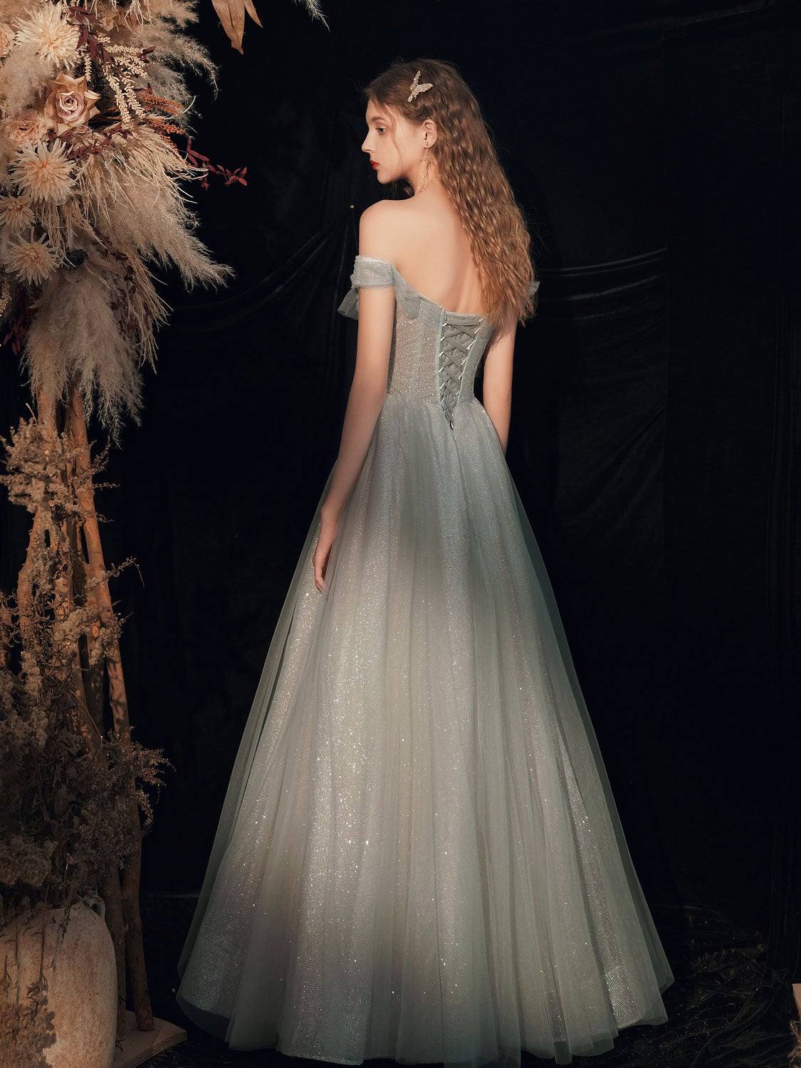 Gray  tulle off shoulder long prom dress, gray tulle formal dress - RongMoon