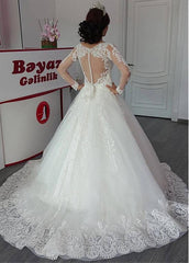 Tulle V-neck Long Sleeves A-line Wedding Dress With Lace Appliques