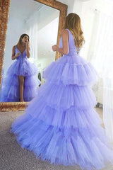Lilac Tulle Sleeves Beading V Neck Prom Dress