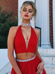 Two Piece Halter Low Cut Red  Beading Split Prom Dress