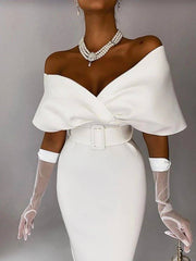 Sheath / Column Elegant bodycon Party Wear Cocktail Party Dress Off Shoulder Sleeveless Tea Length Stretch Fabric with Sash / Ribbon - RongMoon