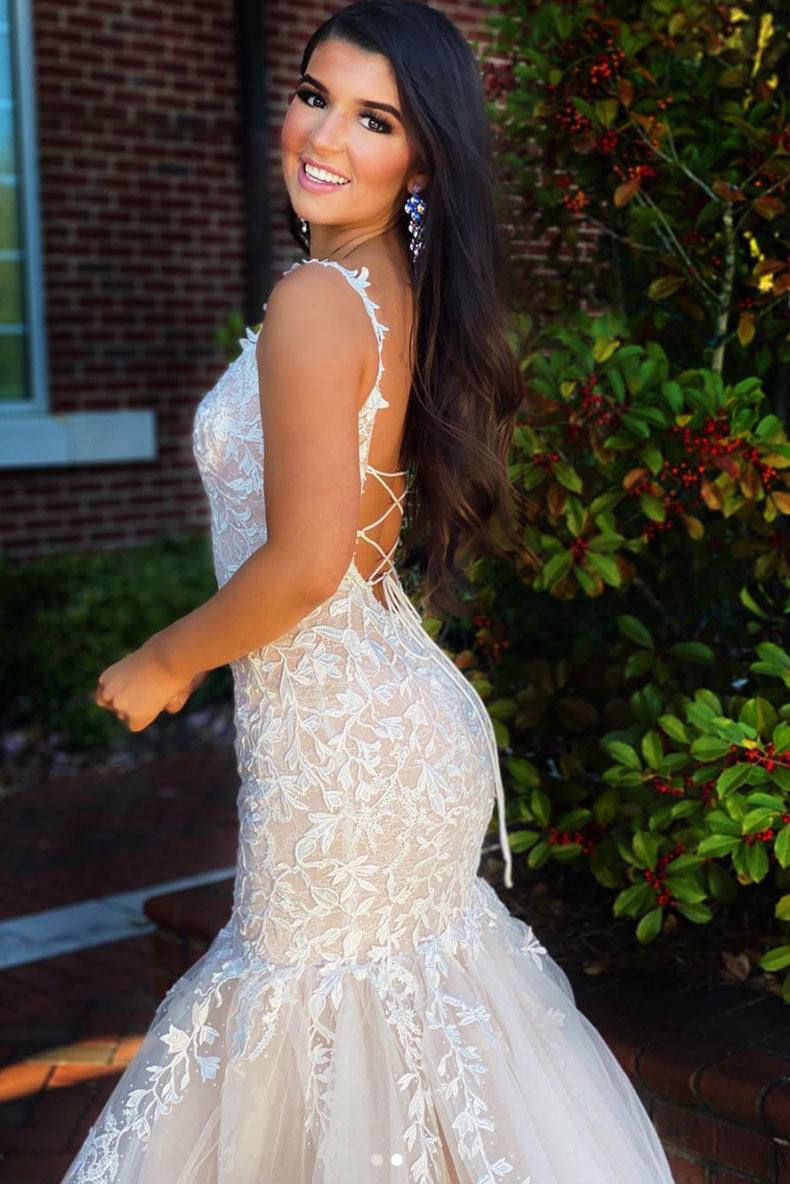 Champagne tulle lace mermaid long prom dress lace formal dress - RongMoon