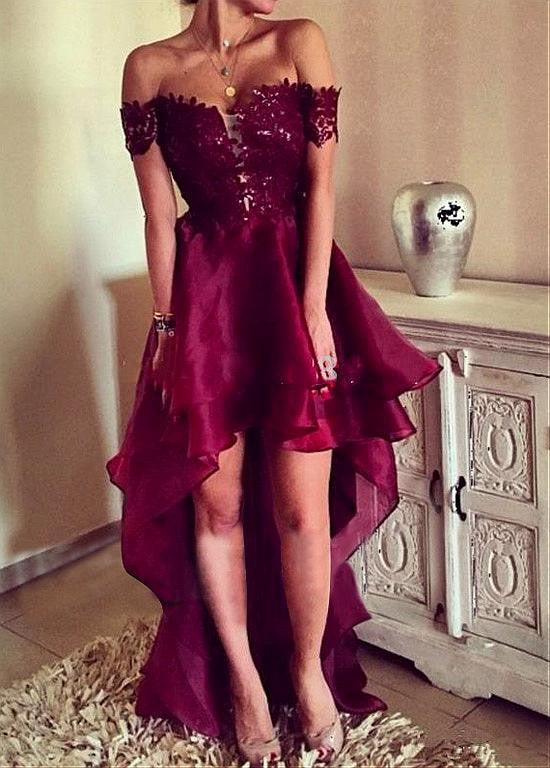 Burgundy Organza Off-the-shoulder Hi-lo Prom Dresses