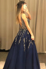Sexy V Neck Tulle  Navy Blue Beading A Line Prom Dress