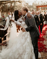 See Through A Line Long Sleeve Sheer Neck Wedding Dress