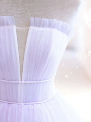 Lilac Purple Strapless Tulle Sheer A Line Prom Dress